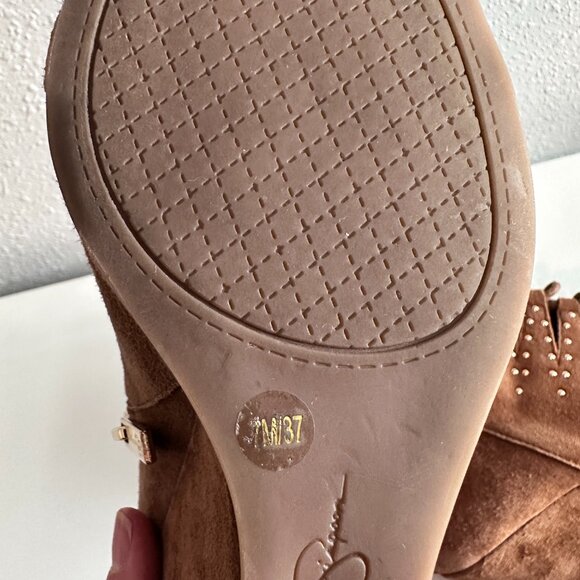 JESSICA SIMPSON | Barlette Brown Studded Open Toe Lace Up Wedge Bootie | Brown - Picture 10 of 10